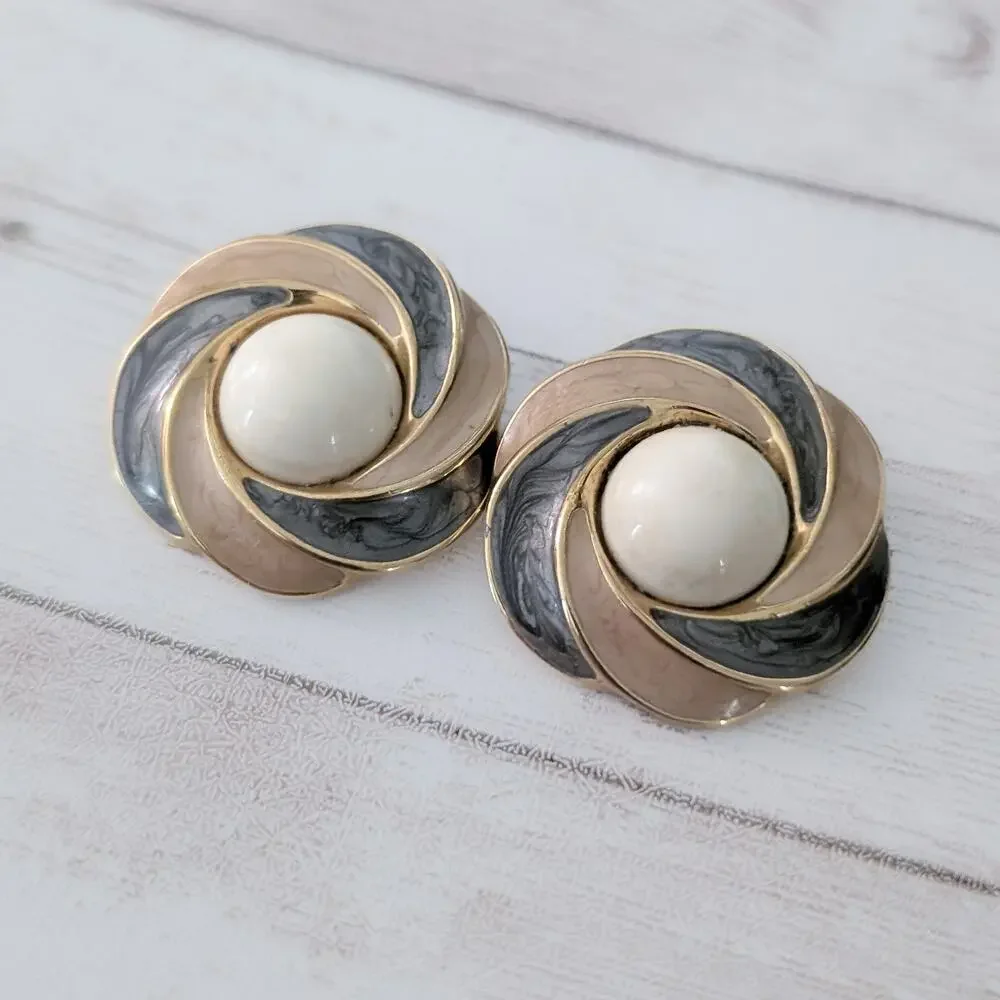 Vintage Trifari Clip On Earrings Large Statement Grey & Beige